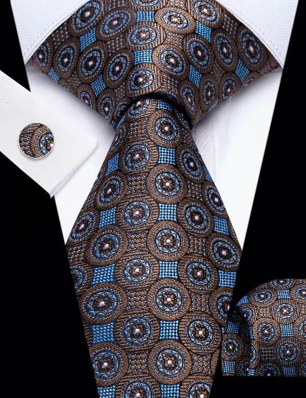 Best men's silk necktie for interviews-YourTies Deep Brown Blue Geometric Pattern Silk Mens Necktie Set