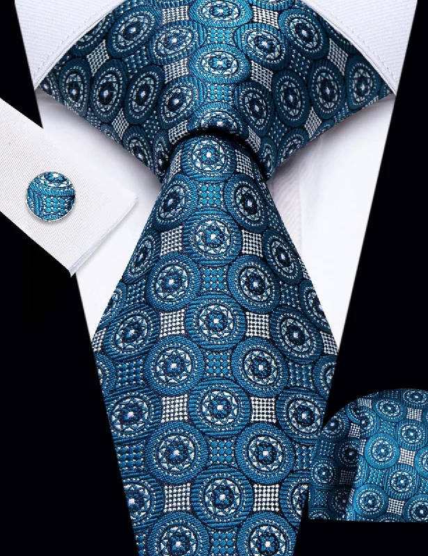 Men's tie for everyday office wear-YourTies Deep Cyan Geometric Pattern Silk Mens Necktie Set