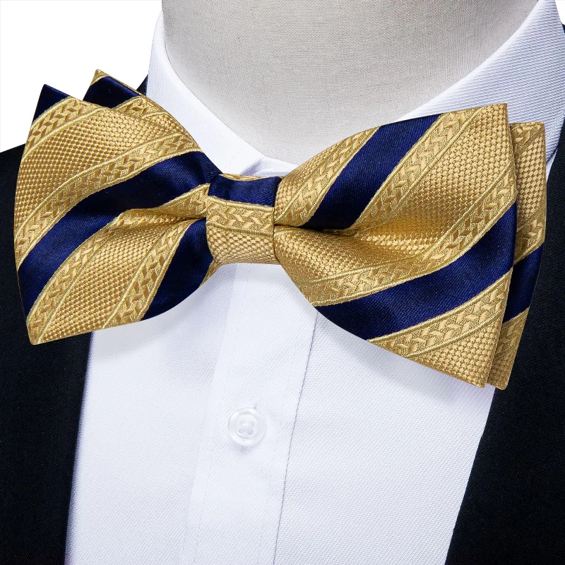 Luxury men's tie with fine fabric-YourTies Gold Navy Blue Business Bow Tie Silk Mens Pre-tied Bowtie