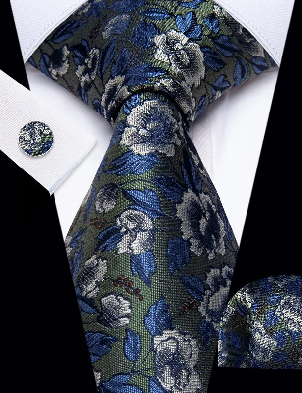 Men's tie for casual Fridays-YourTies Green Necktie Blue Jacquard Floral Tie Hanky Cufflinks Set