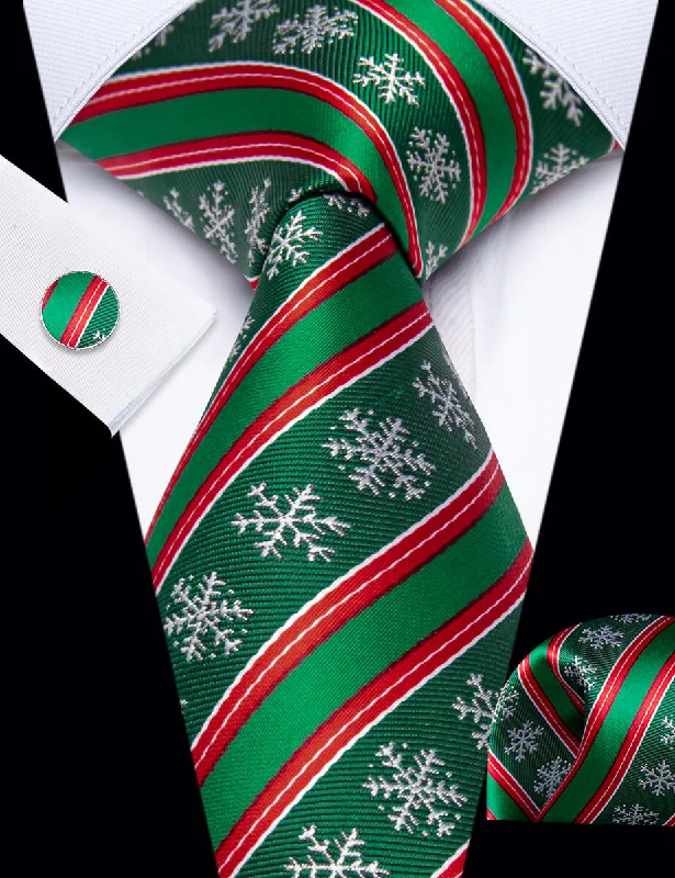 Men's tie for smart office look-YourTies Green Red Striped Christmas Men's Necktie Pocket Square Cufflinks Set