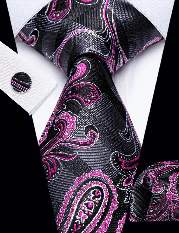 Elegant men's tie with vintage design-YourTies Grey Plaid Pink Paisley Designer Silk Men's Necktie Set