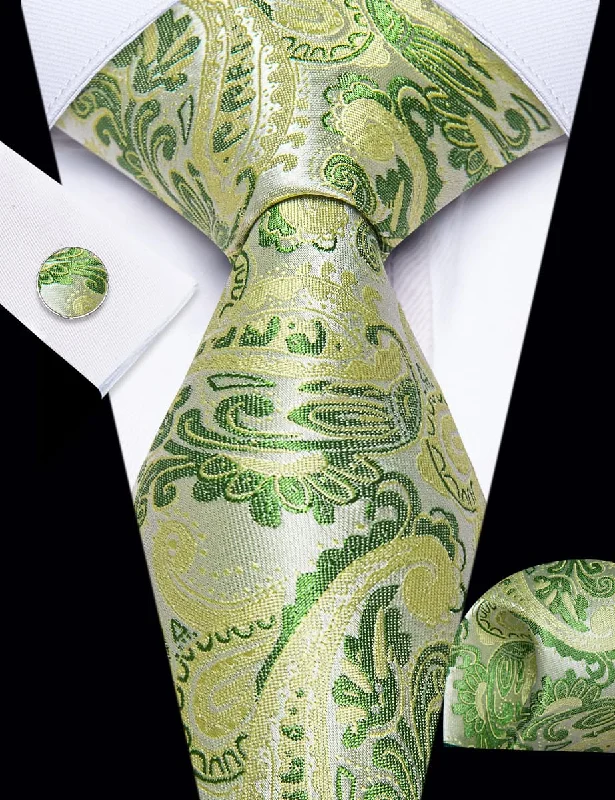 Men's tie for stylish business meetings-YourTies Light Green Tie Floral Men Necktie Hanky Cufflinks Set