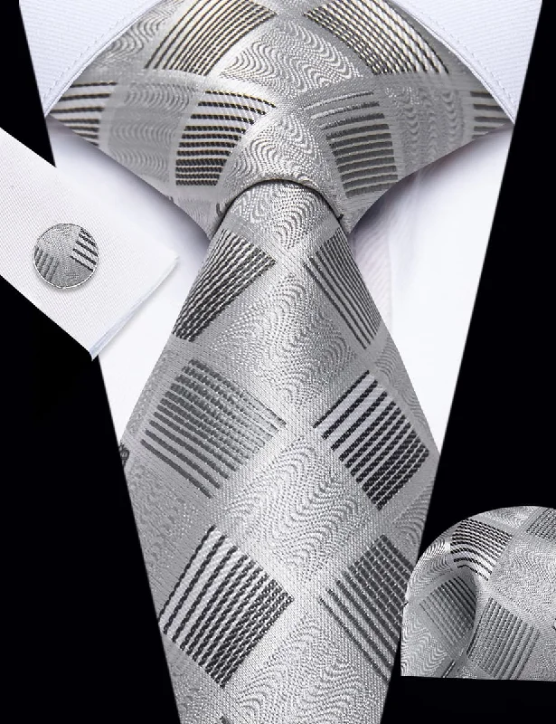 Best tie for men's holiday parties-YourTies Light Grey Neckties Plaid Wedding  Tie Hanky Cufflinks Set