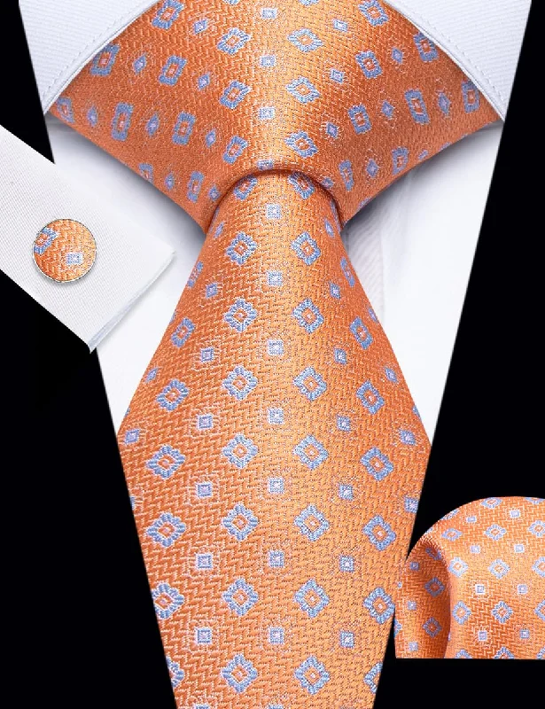 Stylish men's tie with modern touch-YourTies Light Salmon Orange Plaid Pattern Silk Mens Necktie Set