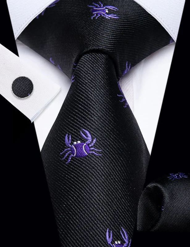 Luxury silk tie for men-YourTies Mens Black Tie Purple Crab Pattern Tie Hanky Cufflinks Set