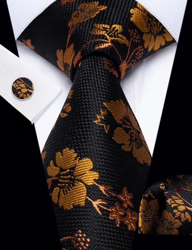 Modern men's tie with geometric design-YourTies Mens Black Ties Gold Jacquard Neck Tie Hanky Cufflinks Set