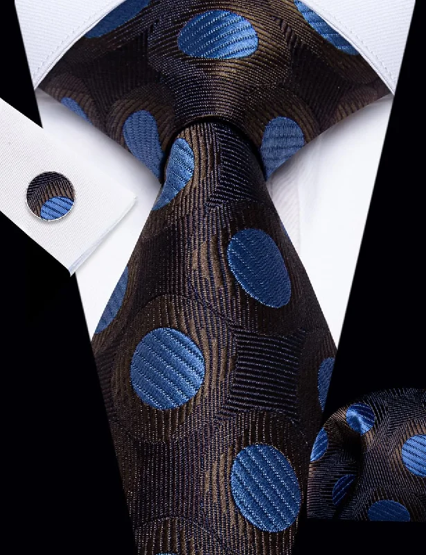 Best silk tie for spring and summer events-YourTies Mens Brown Necktie Blue Polka Dots Tie Hanky Cufflinks Set