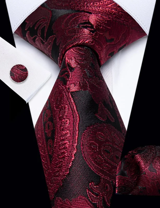 Unique silk tie for office professionals-YourTies Mens Burgundy Floral Tie Silk Neck Tie Hanky Cufflinks Set