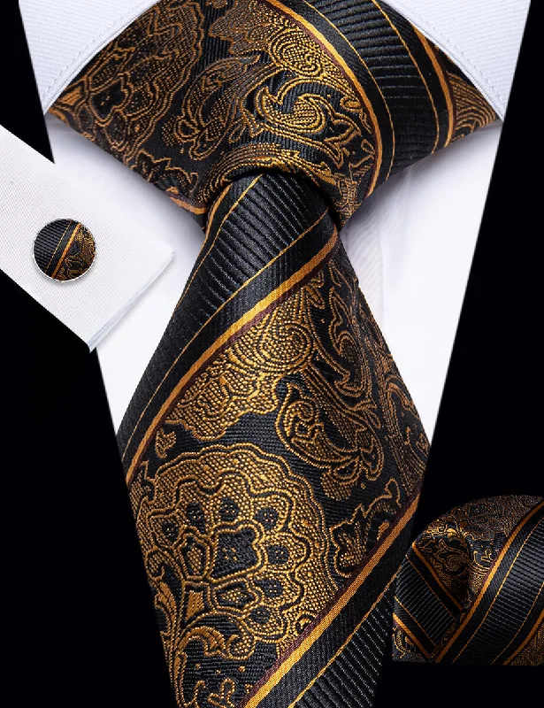 Classic black silk tie for formal events-YourTies Men's Necktie Black Gold Floral Tie Hanky Cufflinks Set