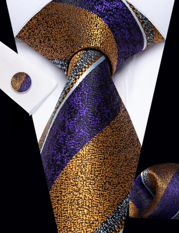 Trendy men's tie with plaid print-YourTies Men's Necktie Purple Gold Striped Tie Hanky Cufflinks Set