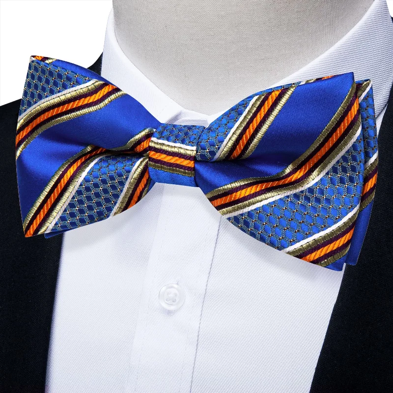 Unique silk tie with multi-color patterns-YourTies Navy Blue Gold Silk Mens Pre-tied Bowtie