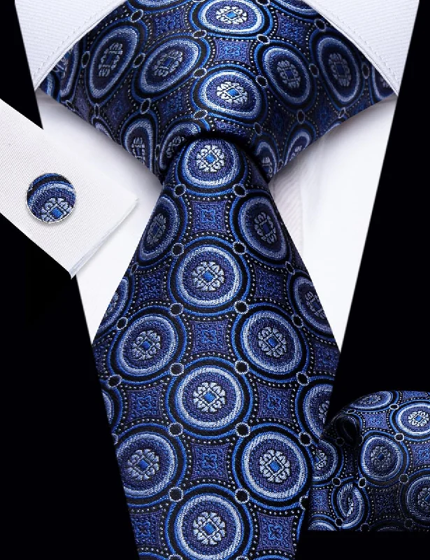 Men's tie with abstract patterns for work-YourTies Navy Blue Novelty Geometry Pattern Silk Men's Necktie Set