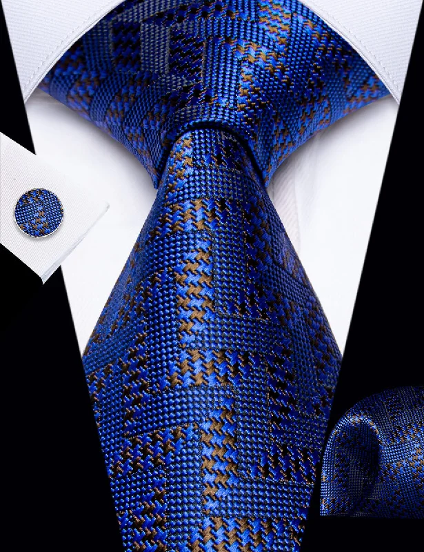 Best men's tie for casual office wear-YourTies Navy Blue Tie Brown Jacquard Geometric Tie Hanky Cufflink Set