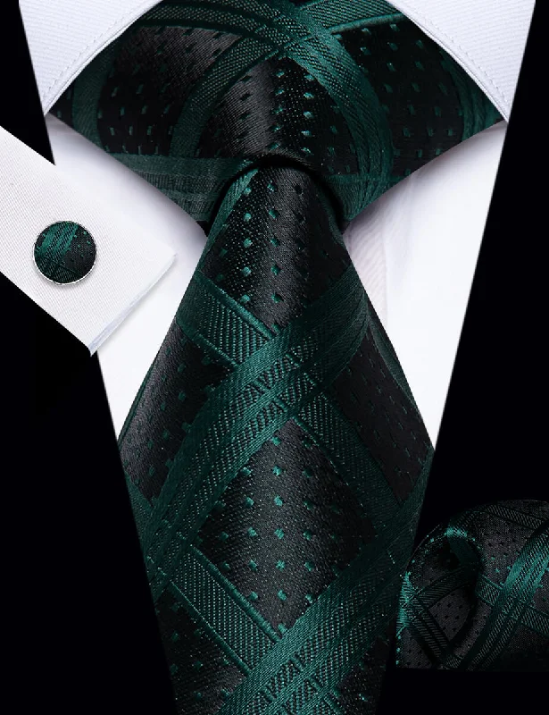 Men's tie with modern chevron design-YourTies Necktie Black Dark Green Checkered Tie Hanky Cufflinks Set