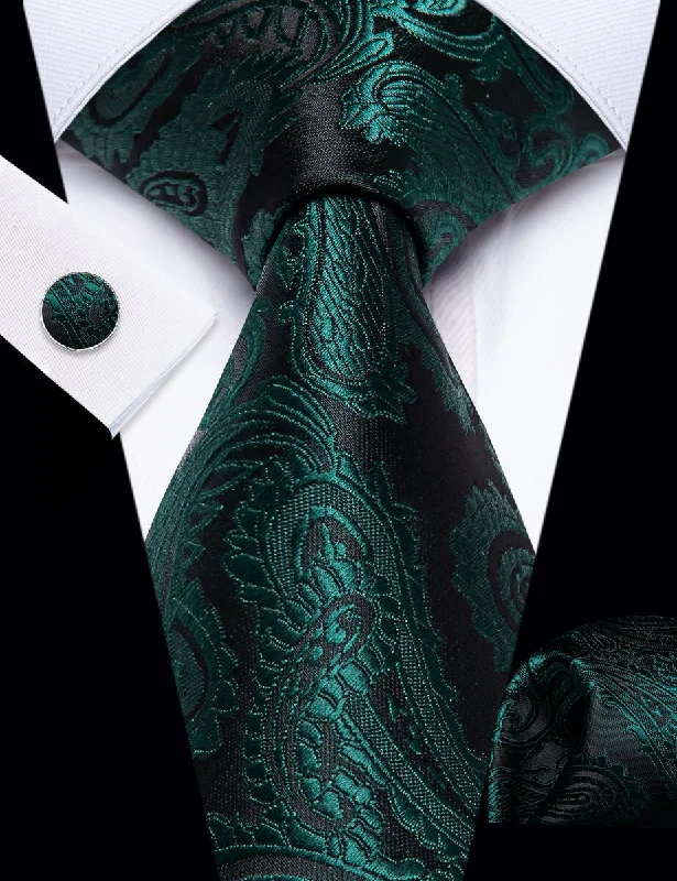 Unique silk tie with multi-color patterns-YourTies Olive Drab Necktie Deep Green Paisley Tie Hanky Cufflinks Set