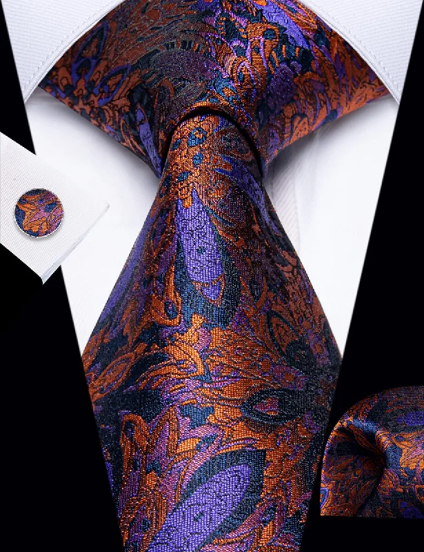 Custom silk tie for men-YourTies Orange Blue Purple Jacquard Floral Tie Hanky Cufflinks Set