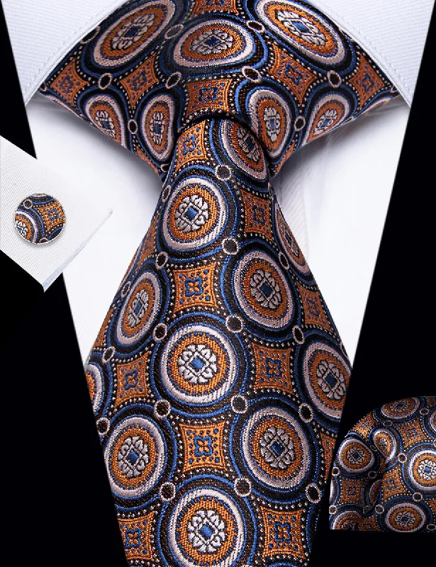 Men's tie with artistic geometric design-YourTies Orange Tie Novelty Necktie Pocket Square Cufflink Set for Men