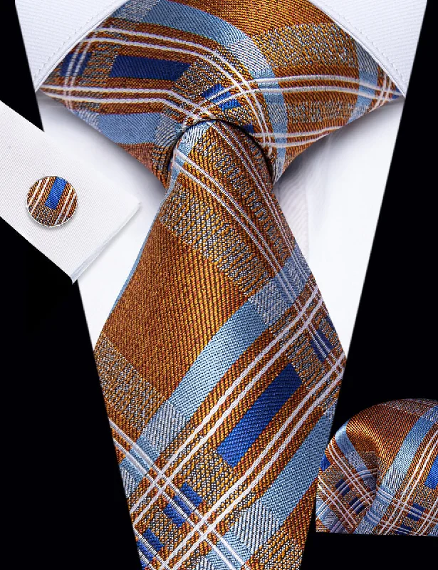 Men's tie for a high-end event-YourTies Orange Tie Sky Blue Stripes Checkered Tie Hanky Cufflinks Set