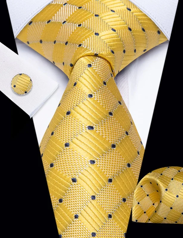 Men's tie for summer office wear-YourTies Pineapple Yellow Tie Blue Dots Necktie Hanky Cufflinks Set