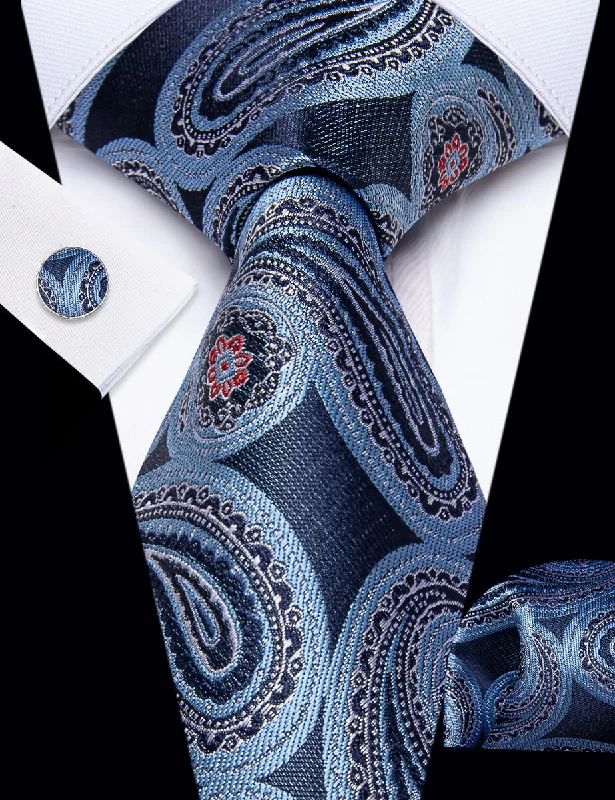 Affordable tie for business professionals-YourTies Prussian Blue Tie Sky Blue Paisley Tie Hanky Cufflinks Set