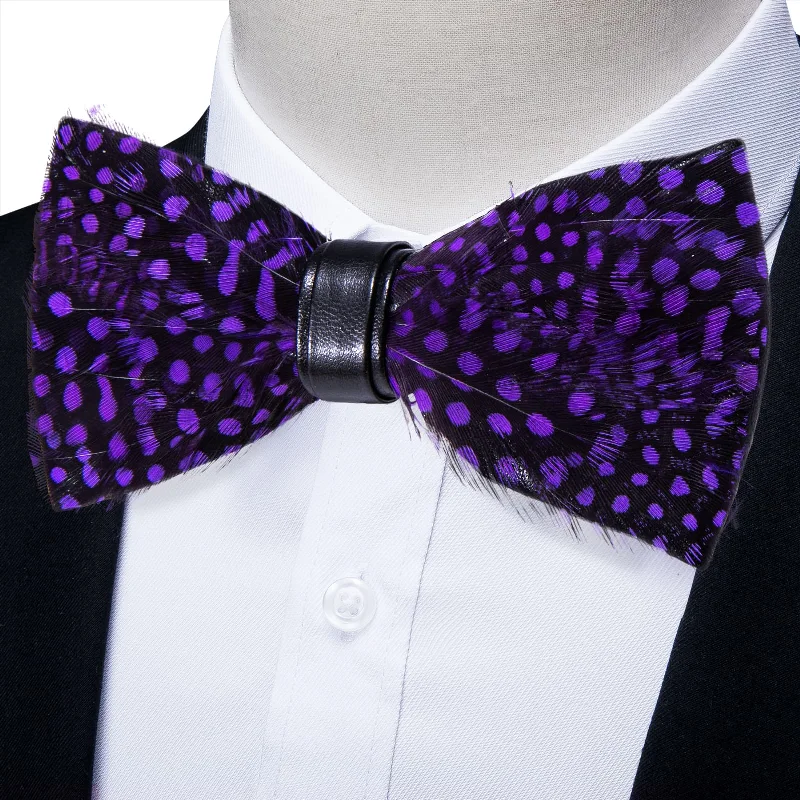 Men's tie with intricate embroidered design-YourTies Purple Black Novelty Mens Pre-tied Bowtie Feather Bow Tie