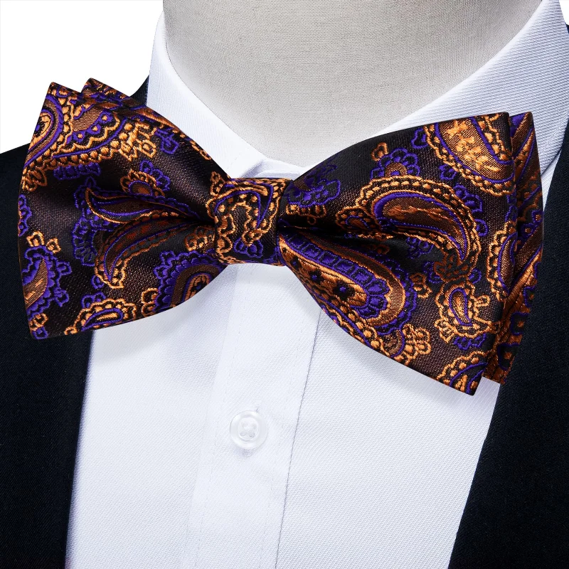 Men's tie for elegant evening attire-YourTies Purple Gold Paisley Silk Mens Pre-tied Bowtie