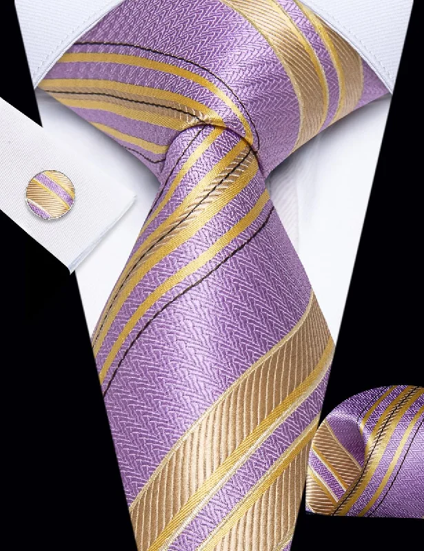 Men's tie for high-end business events-YourTies Purple Yellow Tie Striped Men Necktie Hanky Cufflinks Set