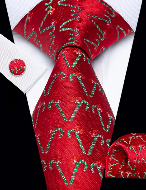 Men's silk tie with abstract design-YourTies Red Christmas Candy Cane Men's Necktie Pocket Square Cufflinks Set