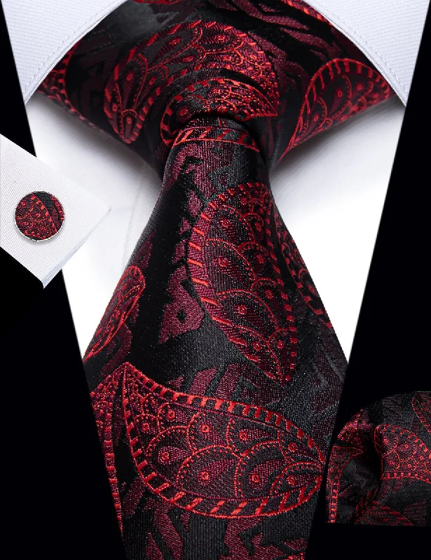 Men's tie for family gatherings and events-YourTies Red Jacquard Paisley Black Necktie Pocket Square Cufflink Set