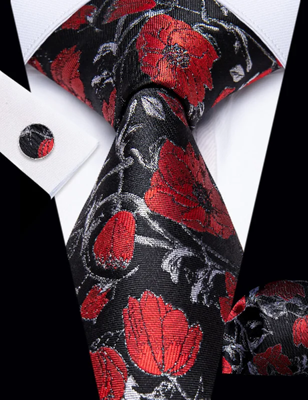 Unique men's tie with animal print-YourTies Red Tie Floral Jacquard Black Grey Tie Hanky Cufflinks Set