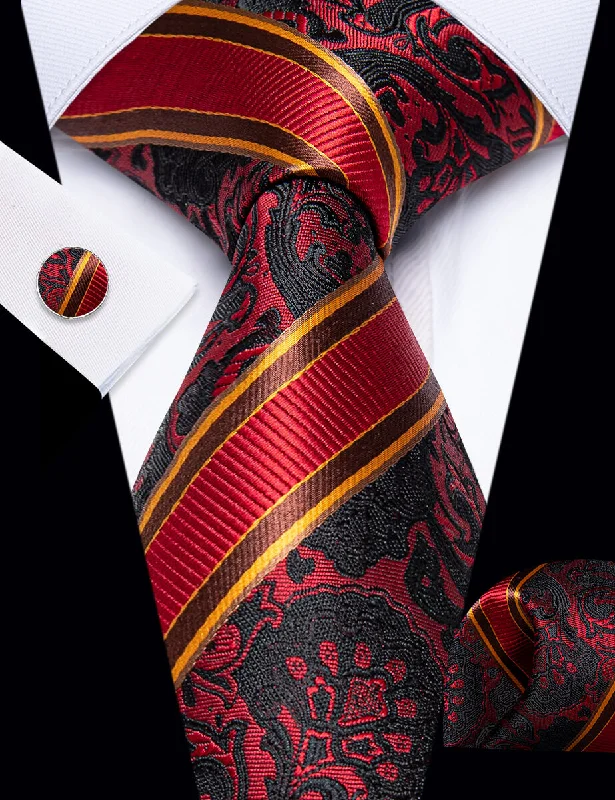 Men's tie for spring wedding attire-YourTies Red Ties Black Jacquard Pattern Gold Stripes Novelty Tie Set