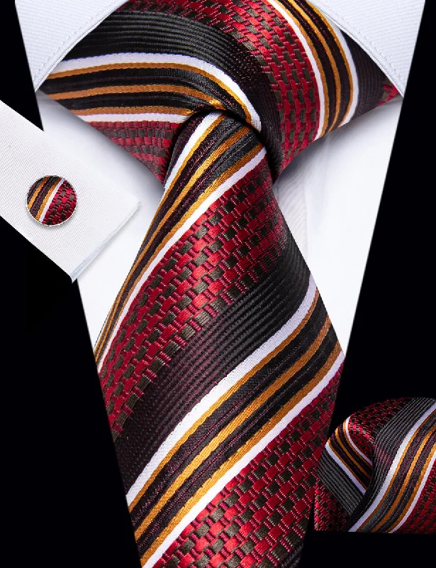 Men's tie for stylish business attire-YourTies Red Ties Burgundy gold White Stripes Novelty Men Necktie Set