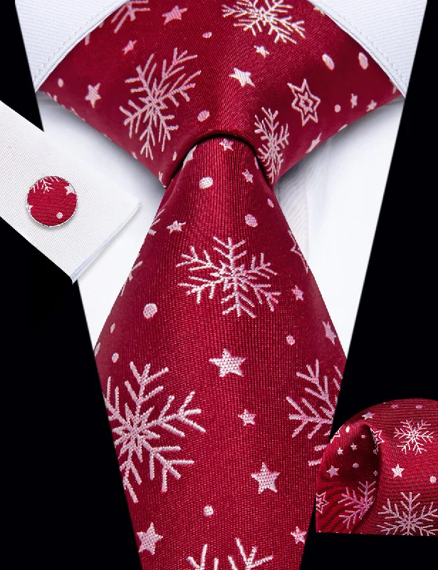 Men's tie with classic stripes-YourTies Red White Christmas Snowflake Men's Necktie Pocket Square Cufflinks Set