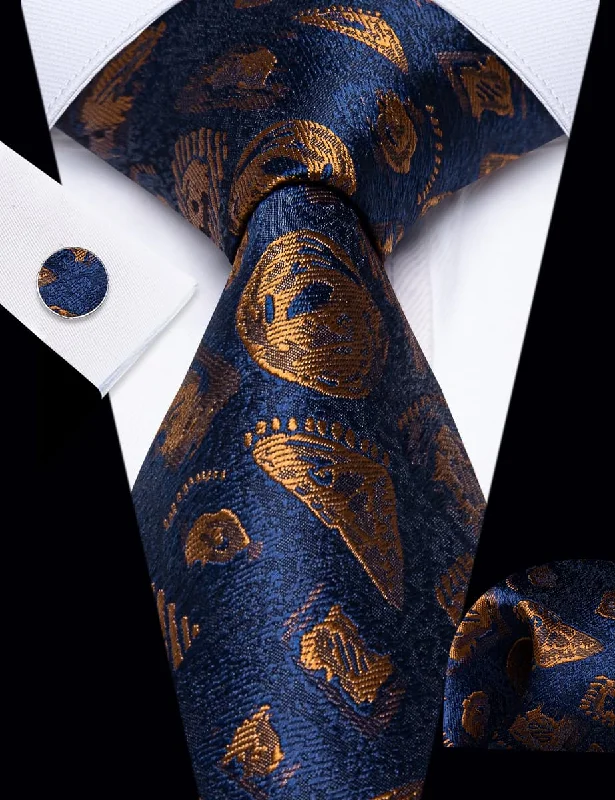 Men's tie for evening formal wear-YourTies Royal Blue Necktie Brown Jacquard Men Tie Hanky Cufflinks Set