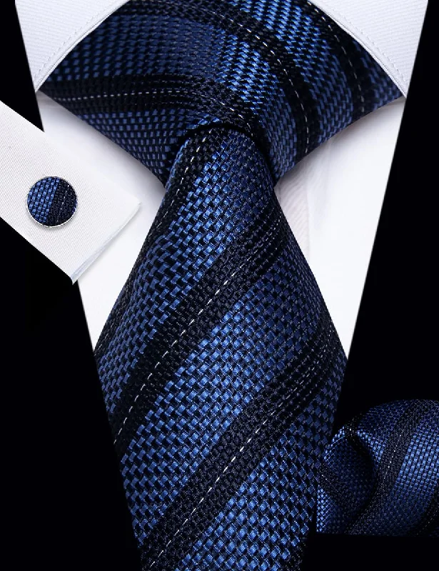 Men's slim fit tie for office wear-YourTies Royal Blue Neckties Black Striped Men Tie Hanky Cufflinks Set