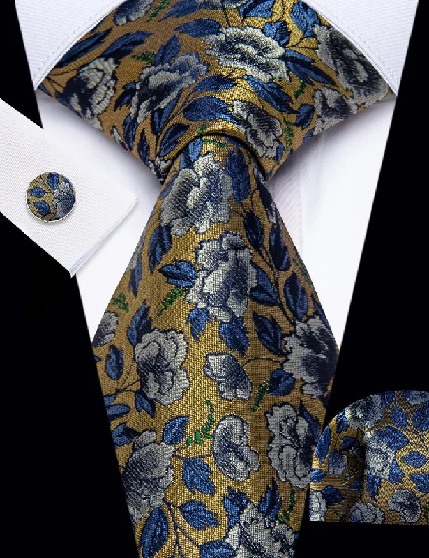 Classic silk tie for men-YourTies Shadow Brown Necktie Blue Floral Mens Tie Hanky Cufflinks Set