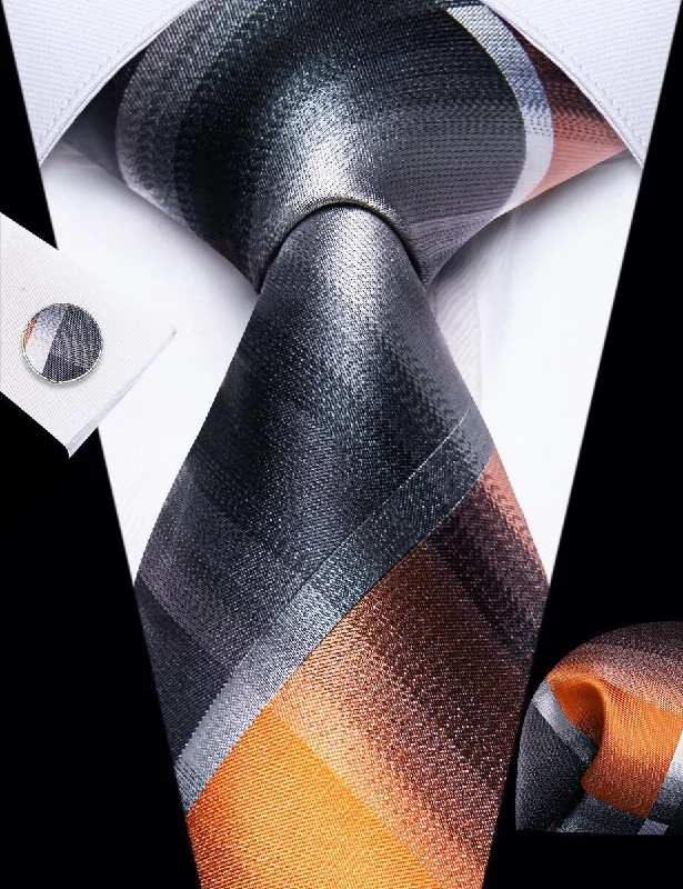 Designer men's tie with stripes-YourTies Silver Grey Orange Checkered Men's Tie Hanky Cufflinks Set