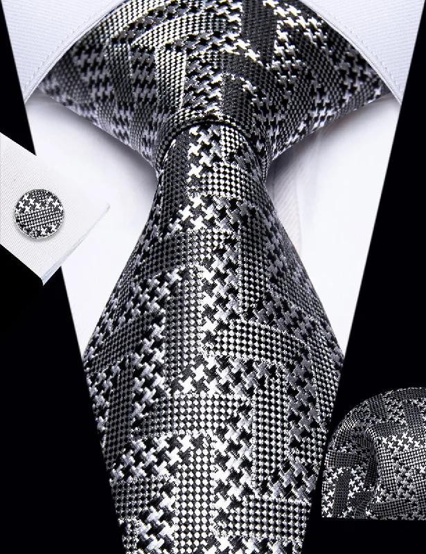 Men's tie with classic solid design-YourTies Silver Grey Tie Black Woven Geometric Tie Hanky Cufflinks Set