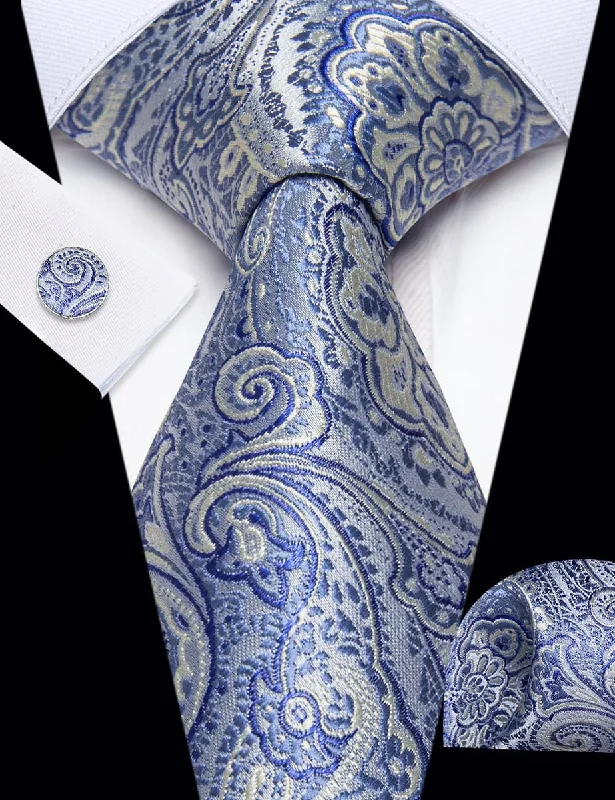 Men's tie with modern abstract print-YourTies Sky Blue Neckties Cloud White Paisley Tie Hanky Cufflinks Set