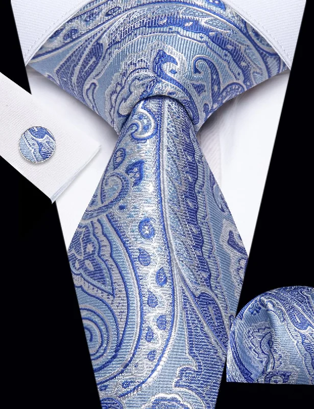 Best men's tie for gala events-YourTies Sky Blue Tie Paisley Wedding Necktie Hanky Cufflinks Set