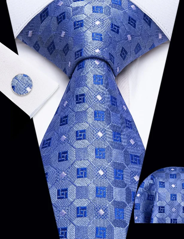 Professional business tie for men-YourTies Steel Blue Plaid Pattern Silk Mens Necktie Set