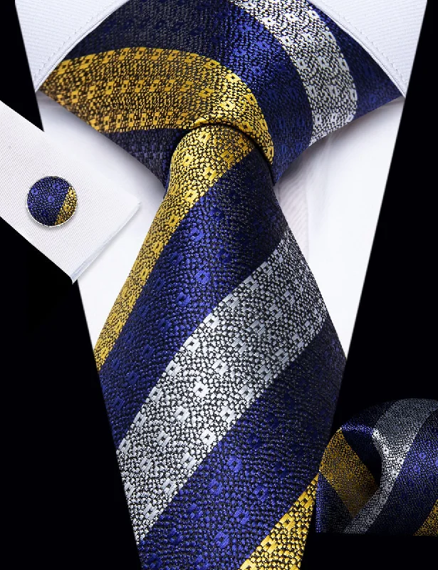 Designer men's silk tie for interviews-YourTies Striped Necktie Blue Gray Yellow Mens Tie Hanky Cufflinks Set