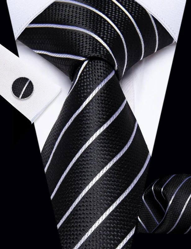 Elegant men's tie with subtle plaid-YourTies Stripeds Necktie Black White Jacquard Tie Hanky Cufflinks Set