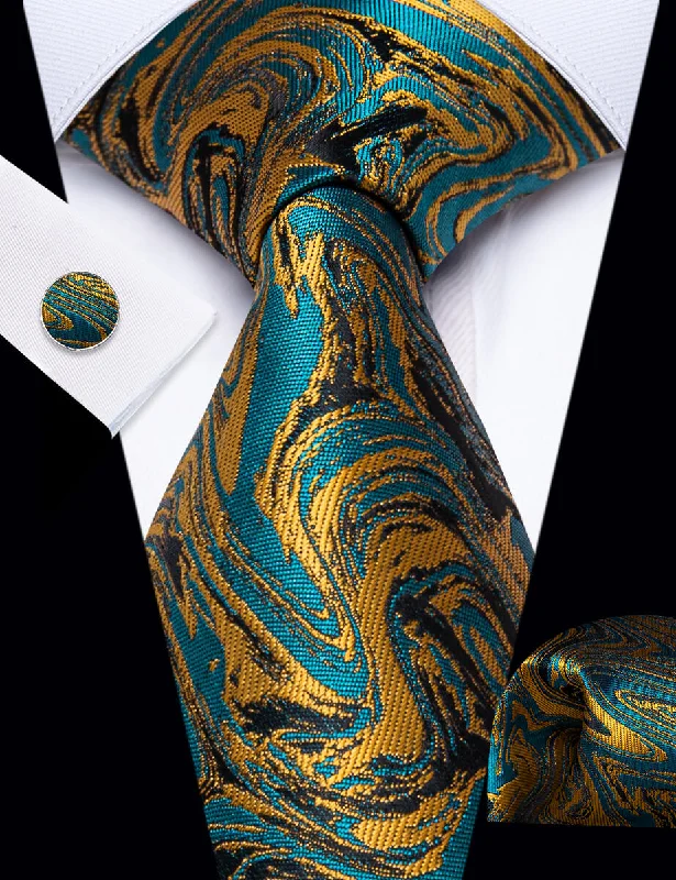 Stylish tie with vibrant color palette-YourTies Teal Blue Gold Necktie Novelty Jacquard Men's Dinner Tie Set