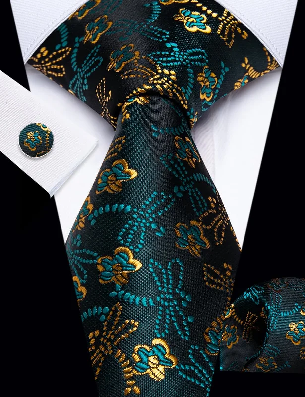 Professional men's tie for presentations-YourTies Teal Green Dragonfly Pattern Novelty Tie Hanky Cufflinks Set