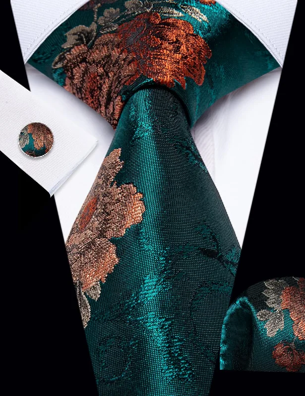 Men's tie for upscale business meetings-YourTies Teal Necktie Brown Orange Floral Mens Tie Hanky Cufflinks Set