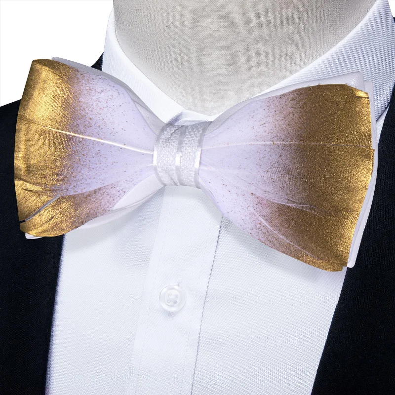 Professional business tie for men-YourTies White Gold Novelty Pattern Mens Pre-tied Bowtie Feather Bow Ties