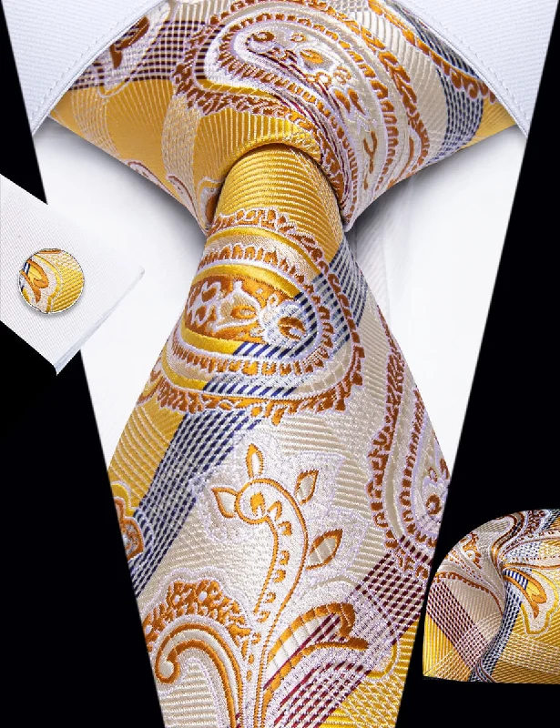 Classic men's tie with solid color block-YourTies Yellow Tie Champagne Color Jacquard Tie Hanky Cufflinks Set