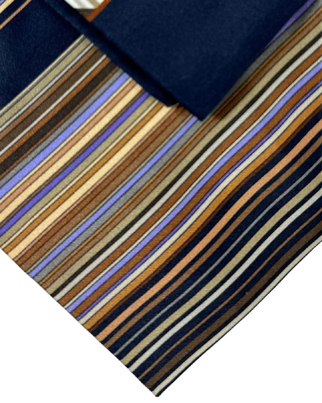 Men's tie with subtle paisley print-Zilli Tie & Matching Pocket Square Set Brown Lilac Stripes